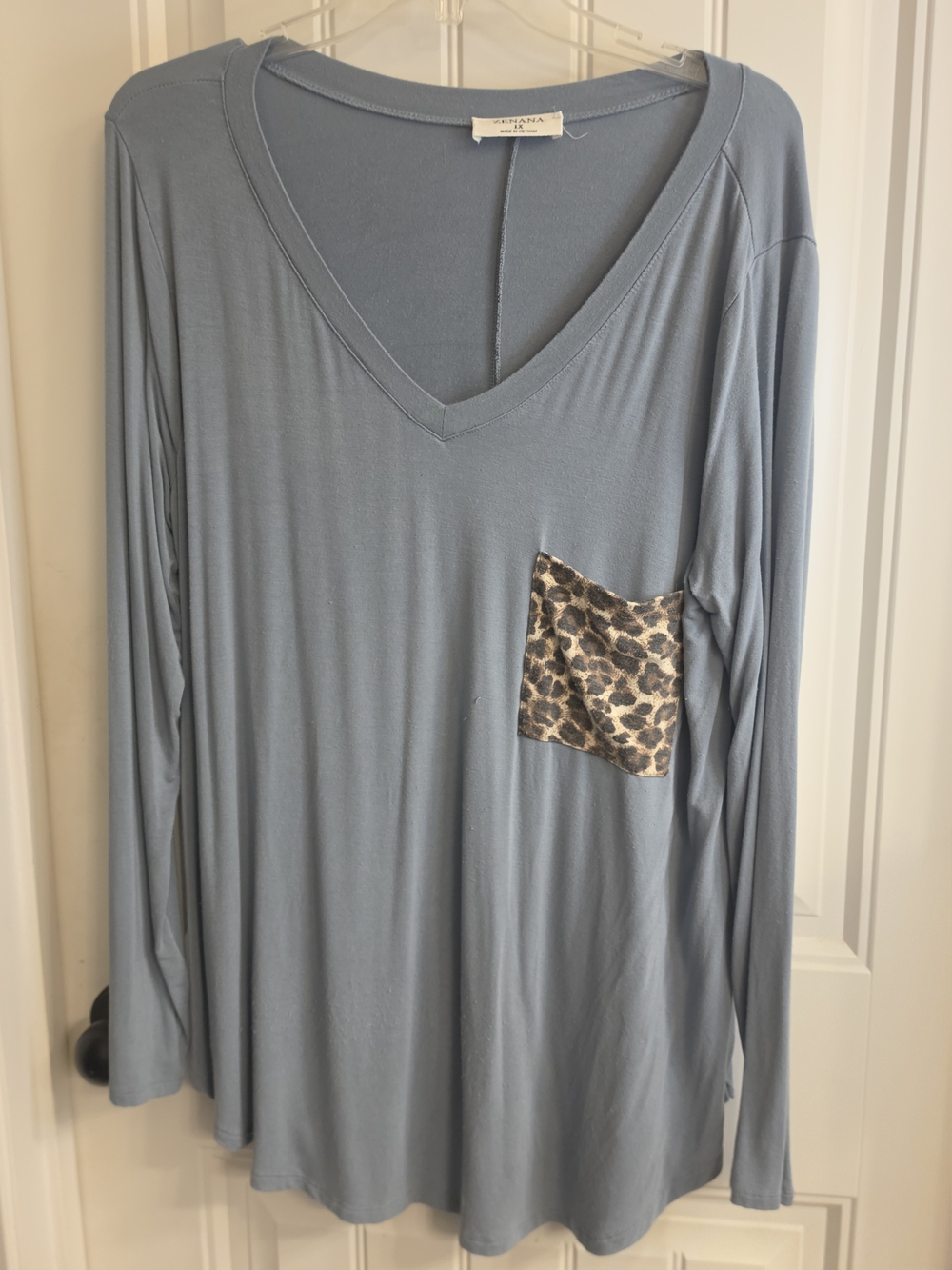 Zenana Outfitters Dusty Blue V-Neck Long Sleeve Top with Leopard Pocket